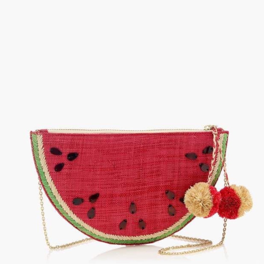 NWT J. Crew x Kayu Raffia Watermelon Clutch Red straw bag purse chain clutch